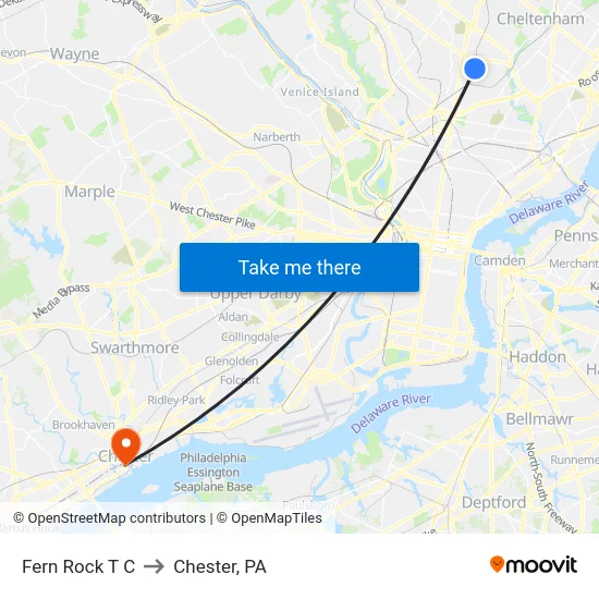 Fern Rock T C to Chester, PA map