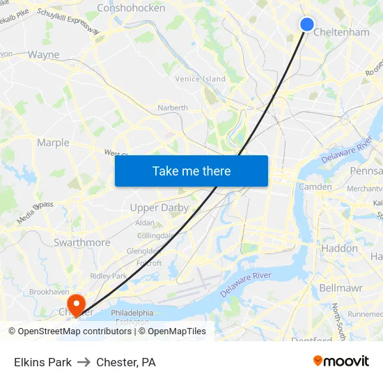 Elkins Park to Chester, PA map