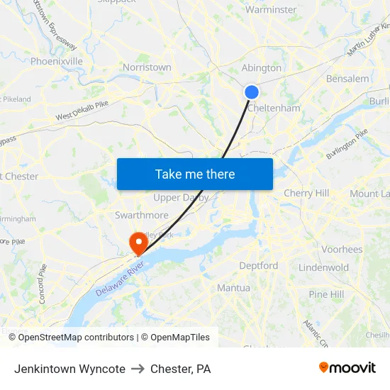 Jenkintown Wyncote to Chester, PA map