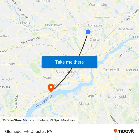 Glenside to Chester, PA map