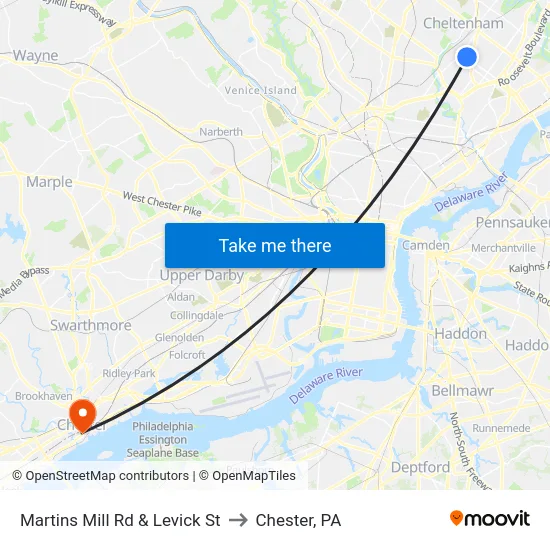 Martins Mill Rd & Levick St to Chester, PA map