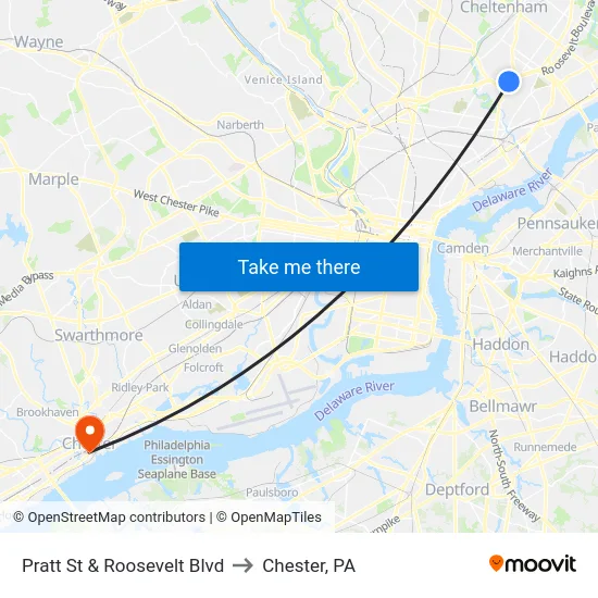 Pratt St & Roosevelt Blvd to Chester, PA map