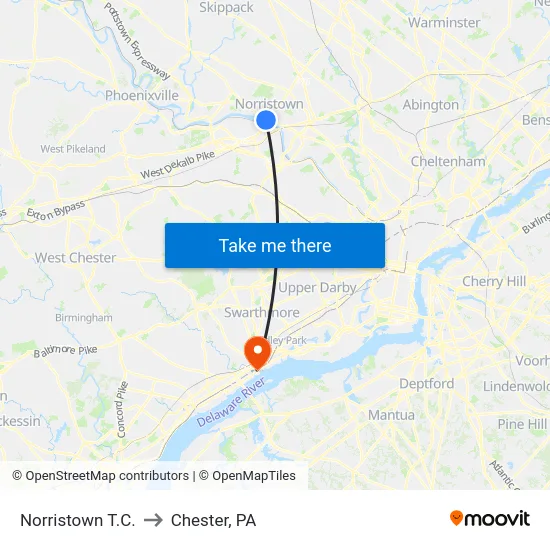 Norristown T.C. to Chester, PA map
