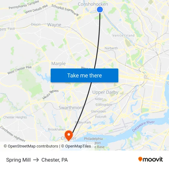 Spring Mill to Chester, PA map