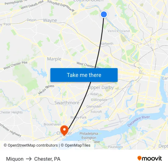 Miquon to Chester, PA map