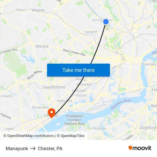 Manayunk to Chester, PA map