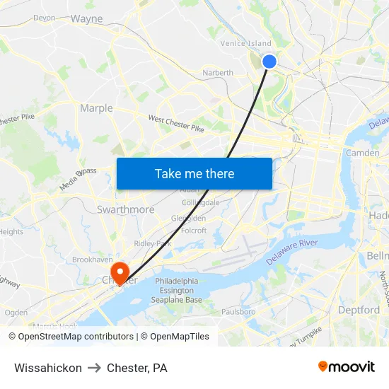 Wissahickon to Chester, PA map