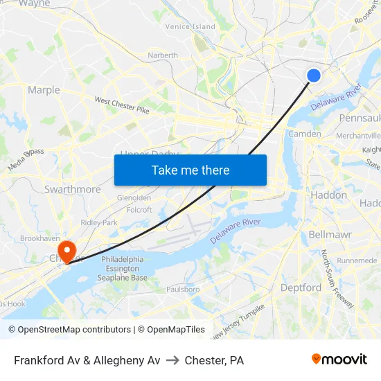 Frankford Av & Allegheny Av to Chester, PA map