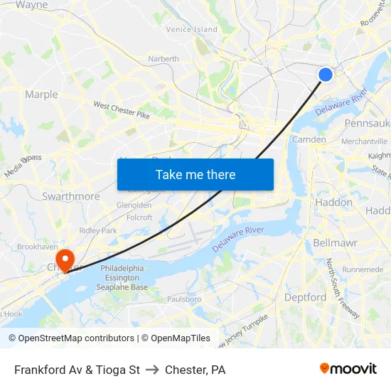 Frankford Av & Tioga St to Chester, PA map
