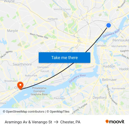 Aramingo Av & Venango St to Chester, PA map