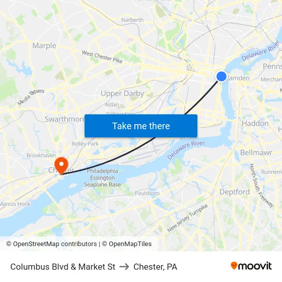 Columbus Blvd & Market St to Chester, PA map