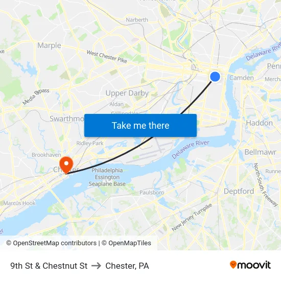 9th St & Chestnut St to Chester, PA map