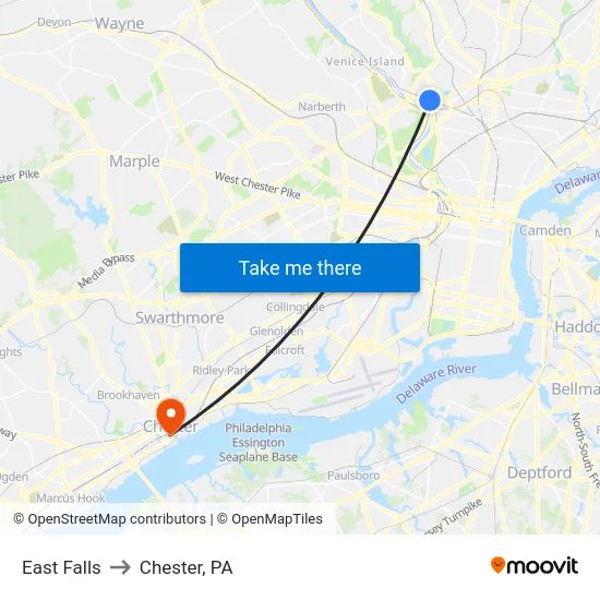 East Falls to Chester, PA map