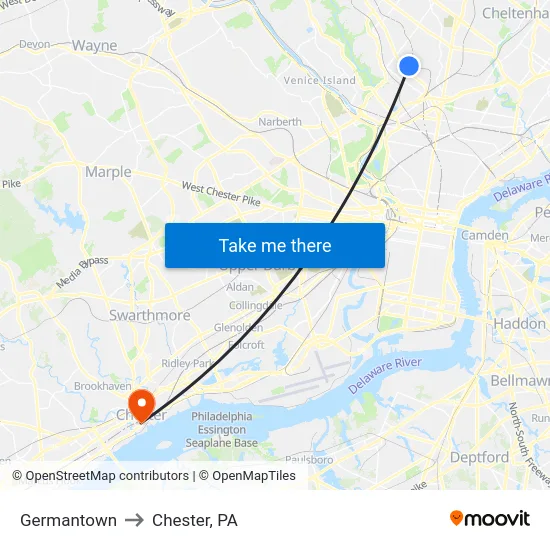 Germantown to Chester, PA map