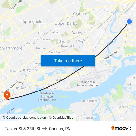Tasker St & 25th St to Chester, PA map