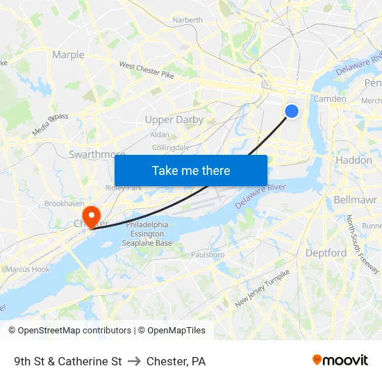 9th St & Catherine St to Chester, PA map