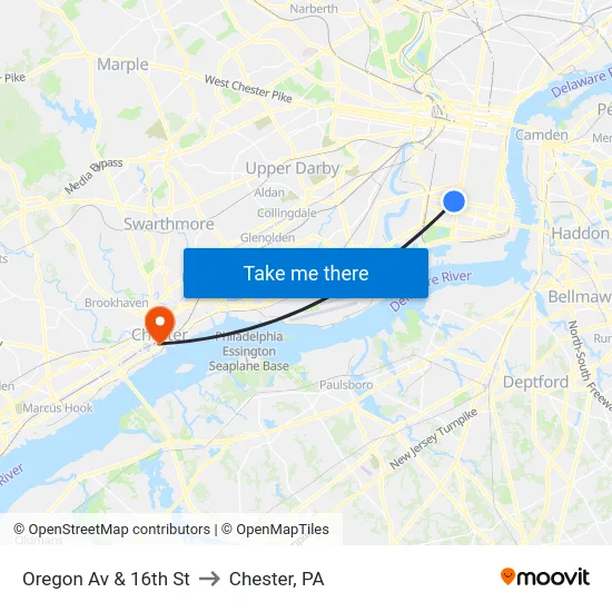 Oregon Av & 16th St to Chester, PA map