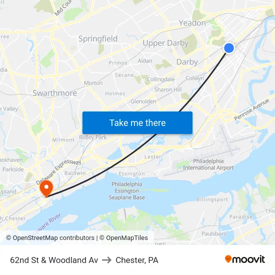 62nd St & Woodland Av to Chester, PA map