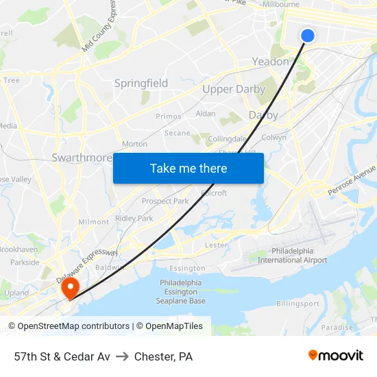57th St & Cedar Av to Chester, PA map