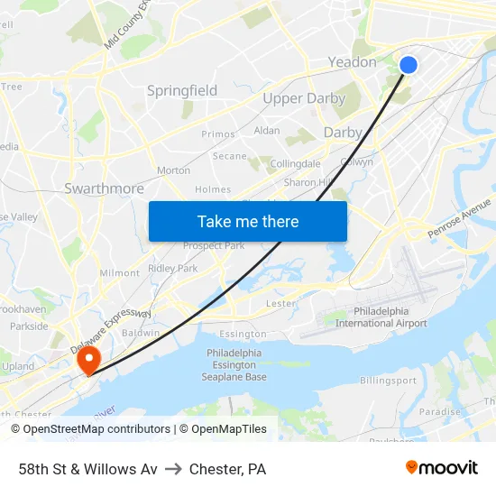 58th St & Willows Av to Chester, PA map