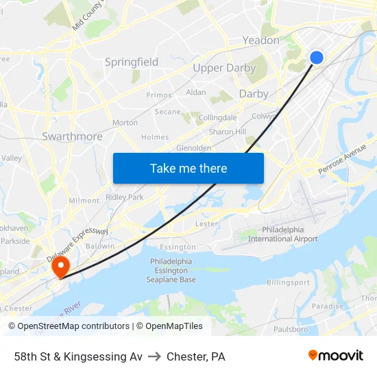 58th St & Kingsessing Av to Chester, PA map
