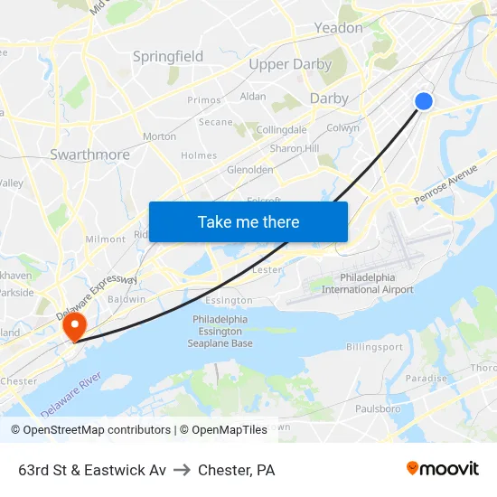 63rd St & Eastwick Av to Chester, PA map