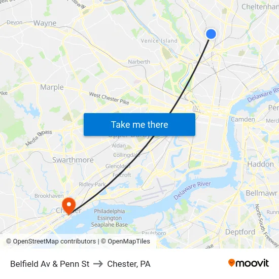 Belfield Av & Penn St to Chester, PA map