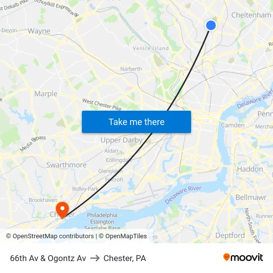 66th Av & Ogontz Av to Chester, PA map