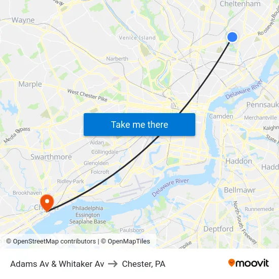 Adams Av & Whitaker Av to Chester, PA map