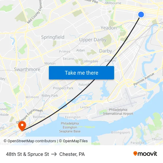 48th St & Spruce St to Chester, PA map