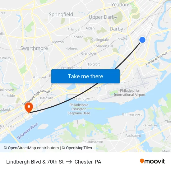 Lindbergh Blvd & 70th St to Chester, PA map