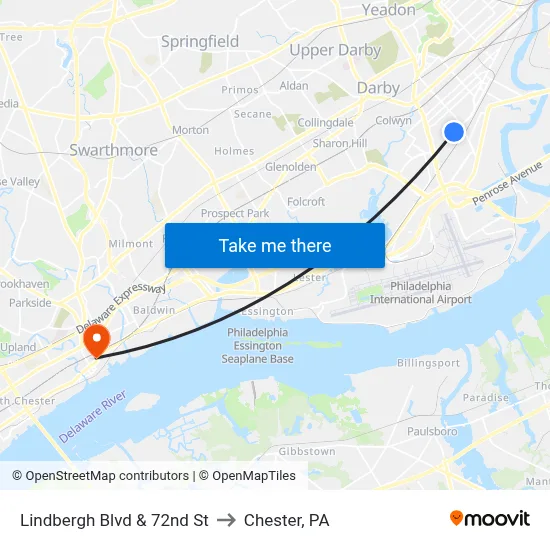 Lindbergh Blvd & 72nd St to Chester, PA map