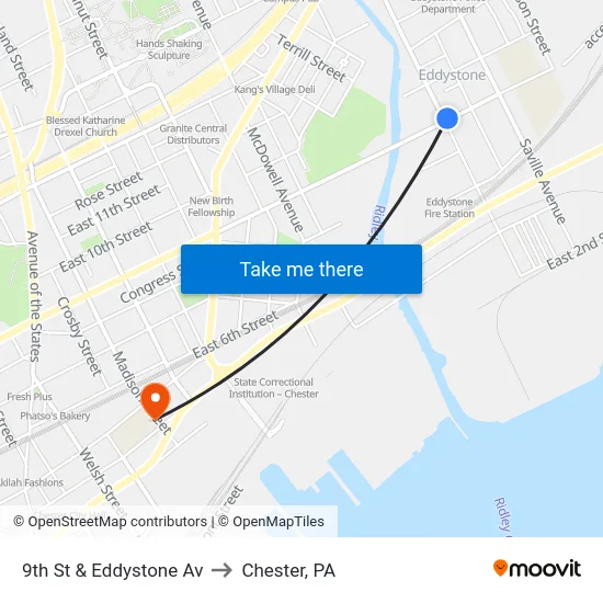 9th St & Eddystone Av to Chester, PA map