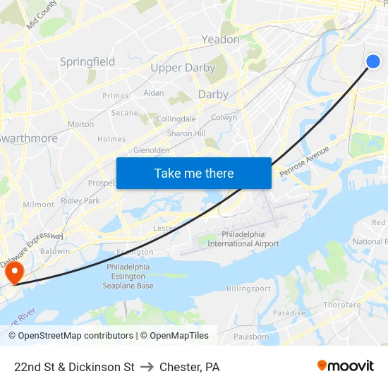 22nd St & Dickinson St to Chester, PA map