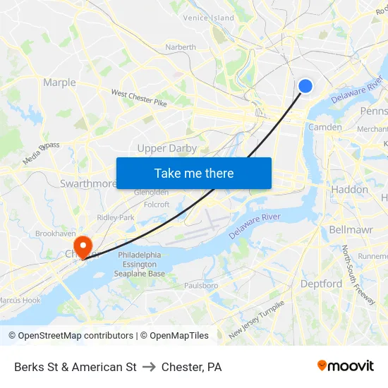 Berks St & American St to Chester, PA map