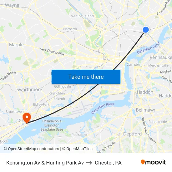 Kensington Av & Hunting Park Av to Chester, PA map