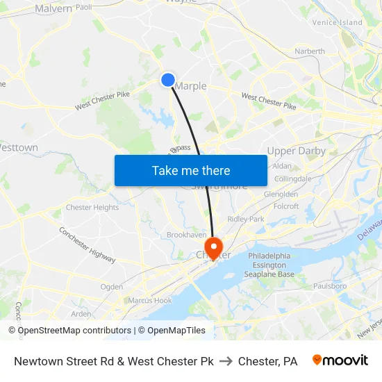 Newtown Street Rd & West Chester Pk to Chester, PA map