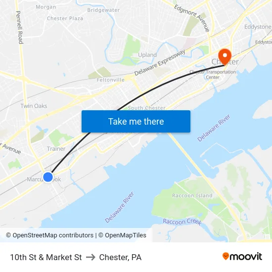 10th St & Market St to Chester, PA map
