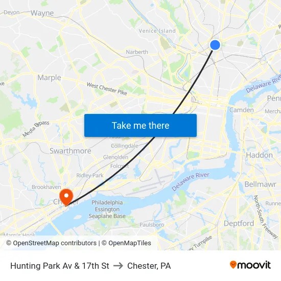 Hunting Park Av & 17th St to Chester, PA map