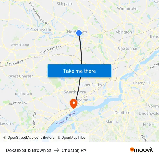 Dekalb St & Brown St to Chester, PA map