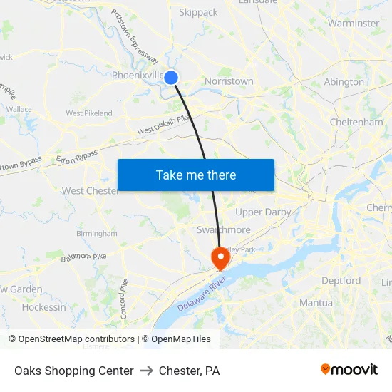 Oaks Shopping Center to Chester, PA map