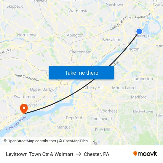 Levittown Town Ctr & Walmart to Chester, PA map