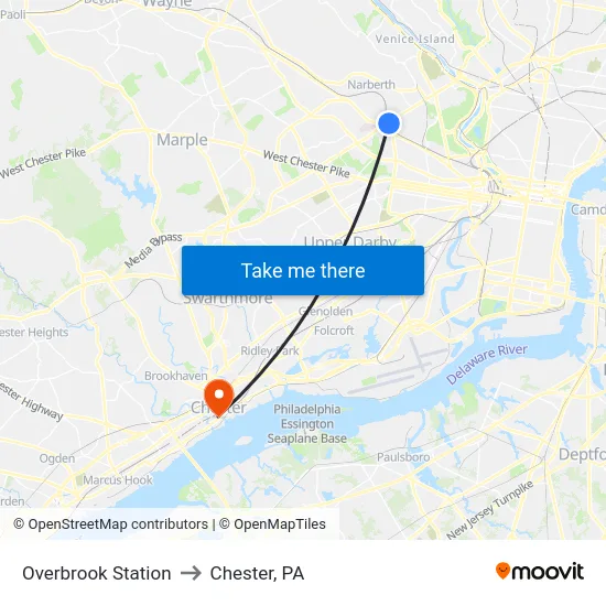 Overbrook Station to Chester, PA map