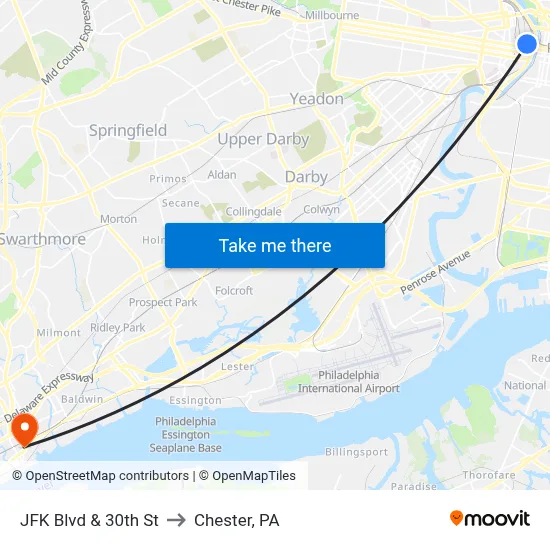 JFK Blvd & 30th St to Chester, PA map