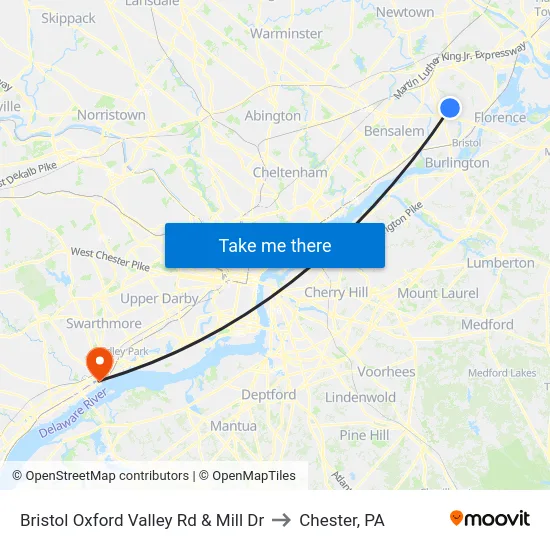 Bristol Oxford Valley Rd & Mill Dr to Chester, PA map