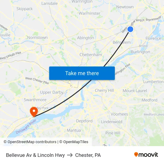 Bellevue Av & Lincoln Hwy to Chester, PA map