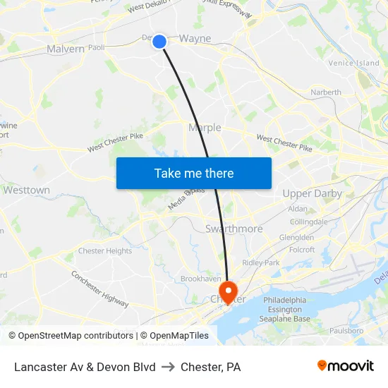 Lancaster Av & Devon Blvd to Chester, PA map