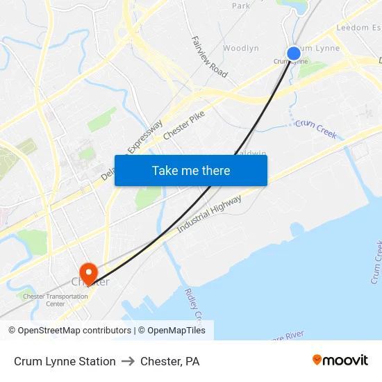 Crum Lynne Station to Chester, PA map