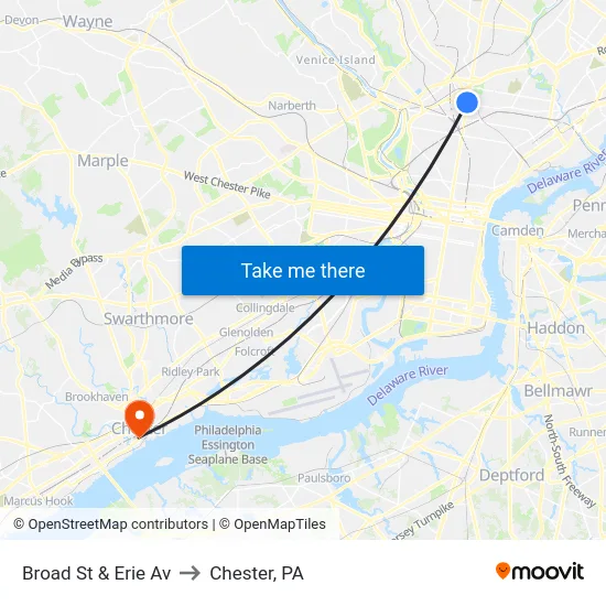 Broad St & Erie Av to Chester, PA map