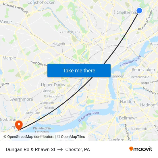Dungan Rd & Rhawn St to Chester, PA map